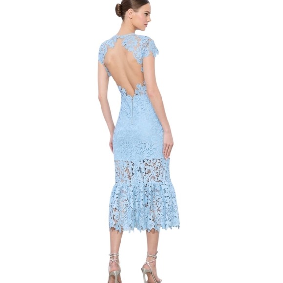 Alice + Olivia Clover Open Back Lace Dress Sz 8 Mineral Blue Ruffle - Picture 2 of 15